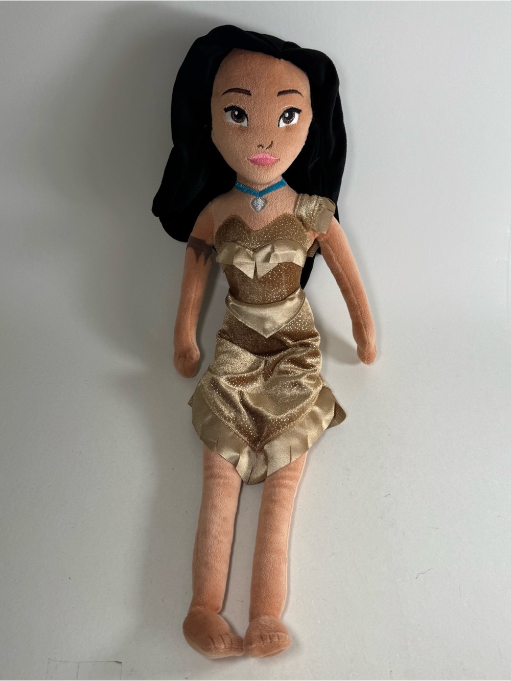 Disney Plush Pocahontas Doll 19" Gold Dress Stuffed Toy Beige Gold Brown Black